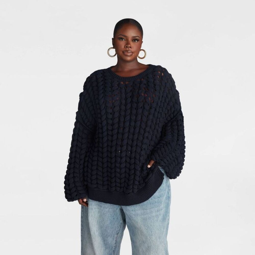 KBB by KAHLANA Women's Pullover Sweater 'The Chunky Knit Crew' - Navy Blue 3X - Picture 1 of 3